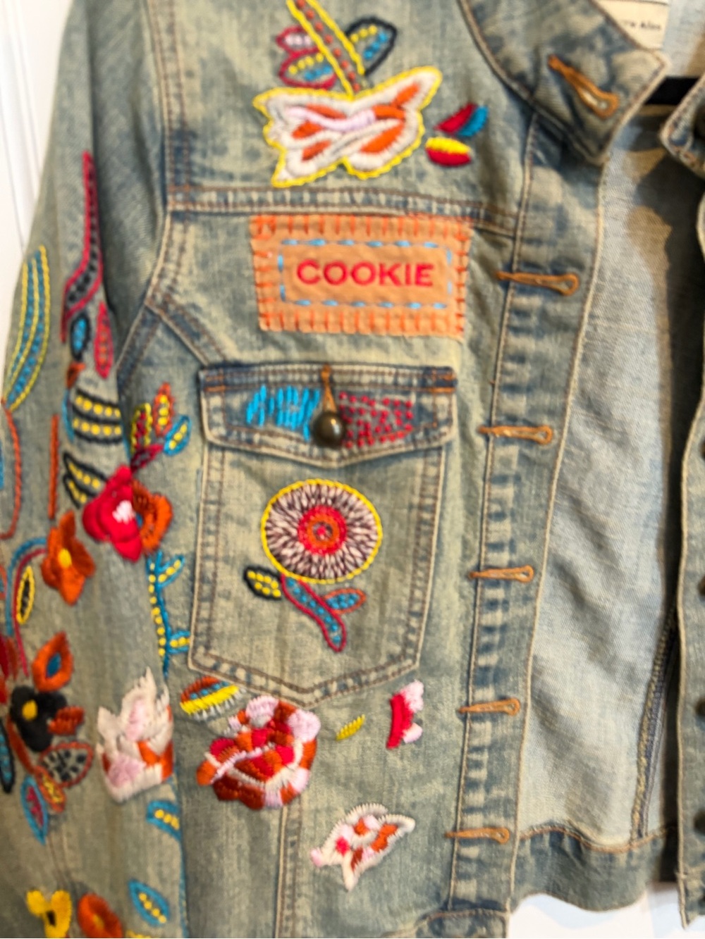 Vintage Funky Carrie Allen Artisan Embroidered Blue Jean Denim Jacket L - Picture 4 of 6